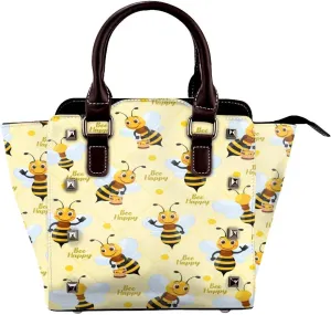 Leather Shoulder Bag for Women, Cute Bee Studded Purse Bee Happy Crossbody Handbags Punk Hobo Bag with Adjustable Strap