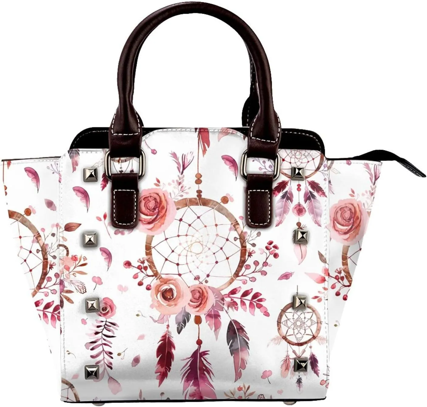 Leather Shoulder Bag for Women, Dream Catcher Flower Studded Purse Bohemian Feather Crossbody Handbags Punk Hobo Bag with Adjustable Strap