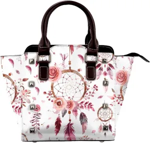 Leather Shoulder Bag for Women, Dream Catcher Flower Studded Purse Bohemian Feather Crossbody Handbags Punk Hobo Bag with Adjustable Strap