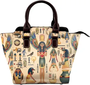Leather Shoulder Bag for Women, Egyptian Symbols Studded Purse Hieroglyphs Crossbody Handbags Punk Hobo Bag with Adjustable Strap