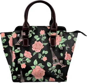 Leather Shoulder Bag for Women, Eiffel Tower Rose Studded Purse Paris Flower Crossbody Handbags Punk Hobo Bag with Adjustable Strap