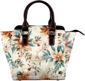 Leather Shoulder Bag for Women, Ethnic Flower Floral Studded Purse Rustic Vintage Crossbody Handbags Punk Hobo Bag with Adjustable Strap