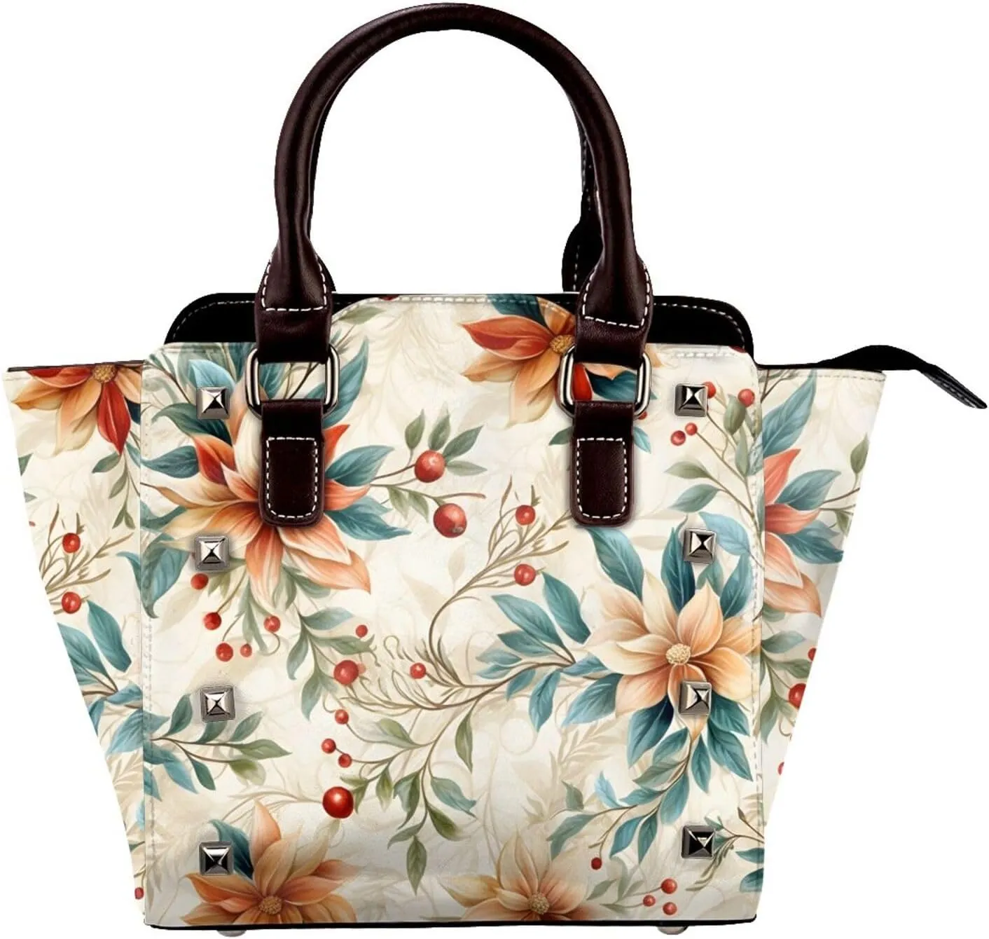 Leather Shoulder Bag for Women, Ethnic Flower Floral Studded Purse Rustic Vintage Crossbody Handbags Punk Hobo Bag with Adjustable Strap