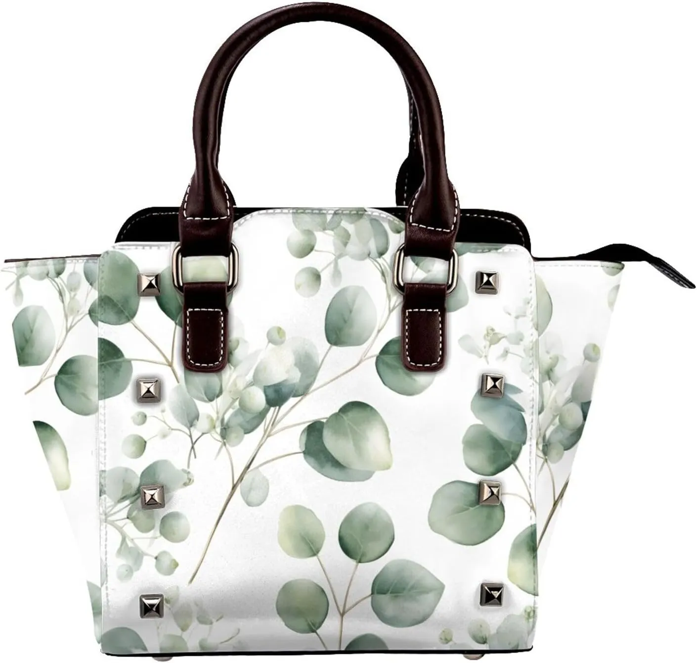 Leather Shoulder Bag for Women, Eucalyptus Studded Purse Green Leaves Crossbody Handbags Punk Hobo Bag with Adjustable Strap