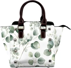Leather Shoulder Bag for Women, Eucalyptus Studded Purse Green Leaves Crossbody Handbags Punk Hobo Bag with Adjustable Strap