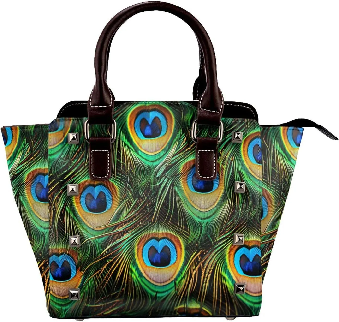 Leather Shoulder Bag for Women, Feather Studded Purse Boho Peacock Crossbody Handbags Punk Hobo Bag with Adjustable Strap