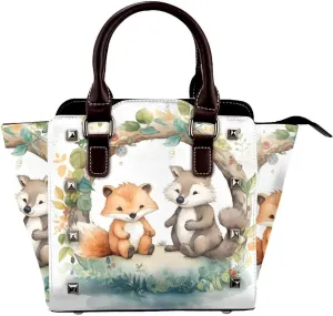 Leather Shoulder Bag for Women, Fox Couple Studded Purse Fox Flower Crossbody Handbags Punk Hobo Bag with Adjustable Strap