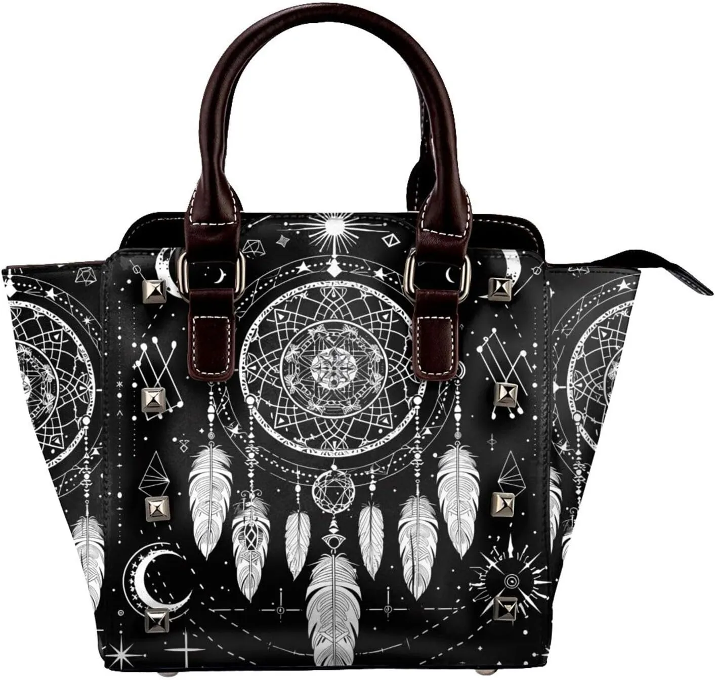 Leather Shoulder Bag for Women, Galaxy Dream Catcher Studded Purse Feather Crossbody Handbags Punk Hobo Bag with Adjustable Strap