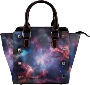 Leather Shoulder Bag for Women, Galaxy Nebula Studded Purse Space Universe Crossbody Handbags Punk Hobo Bag with Adjustable Strap