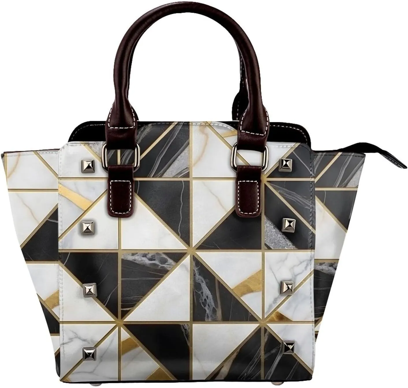 Leather Shoulder Bag for Women, Geometric Marble Studded Purse Black Gold Marble Crossbody Handbags Punk Hobo Bag with Adjustable Strap