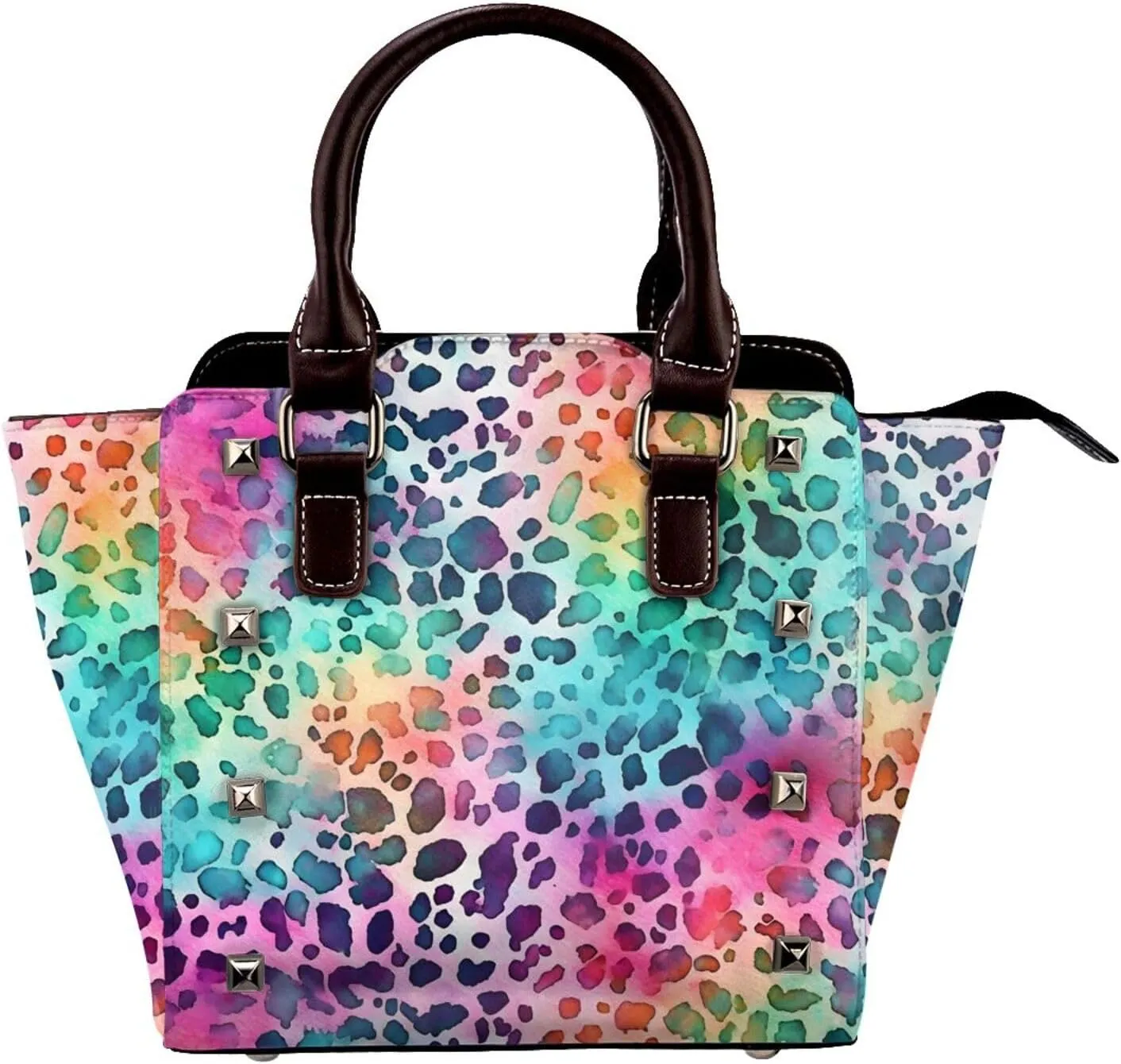 Leather Shoulder Bag for Women, Giraffe Print Rainbow Studded Purse Tiger Skin Crossbody Handbags Punk Hobo Bag with Adjustable Strap