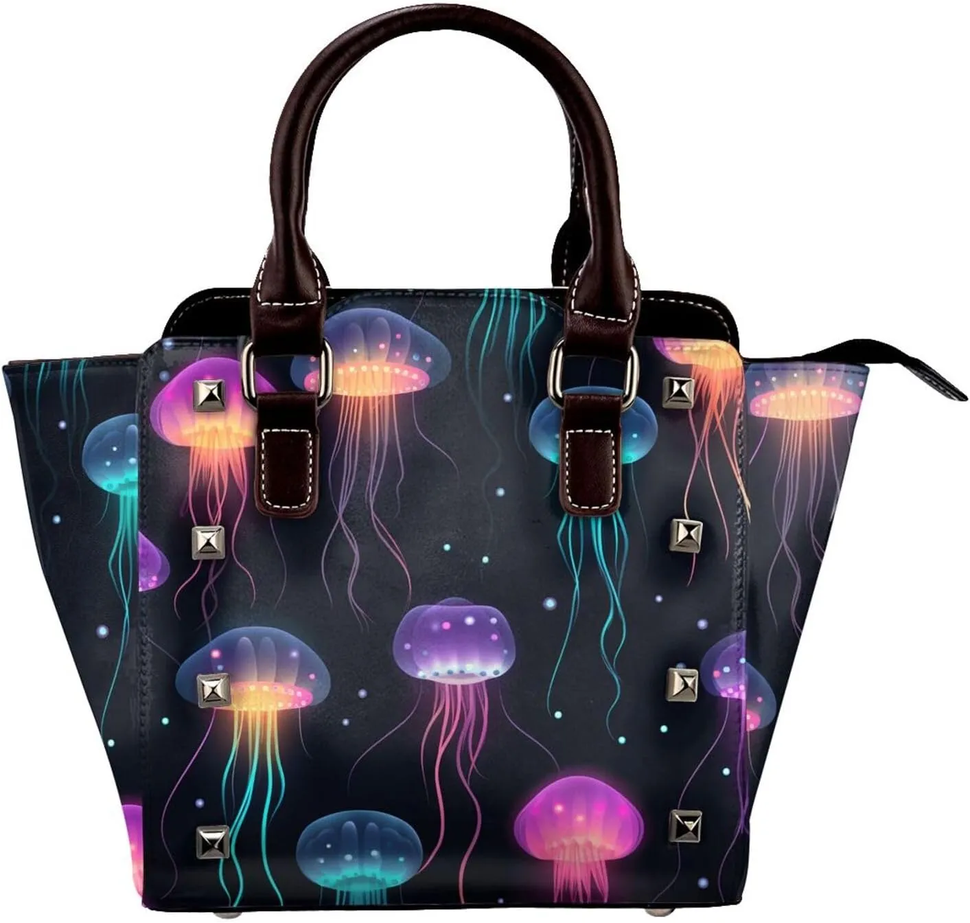 Leather Shoulder Bag for Women, Glowing Jellyfish Studded Purse Sea Ocean Crossbody Handbags Punk Hobo Bag with Adjustable Strap