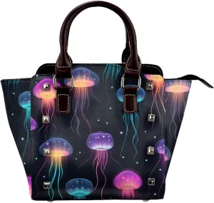 Leather Shoulder Bag for Women, Glowing Jellyfish Studded Purse Sea Ocean Crossbody Handbags Punk Hobo Bag with Adjustable Strap