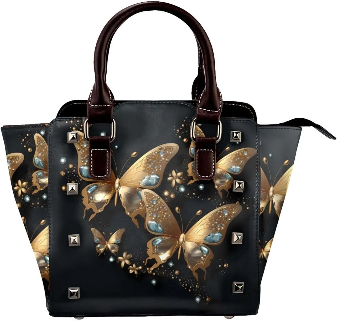 Leather Shoulder Bag for Women, Golden Animal Butterfly Studded Purse Galaxy Crossbody Handbags Punk Hobo Bag with Adjustable Strap