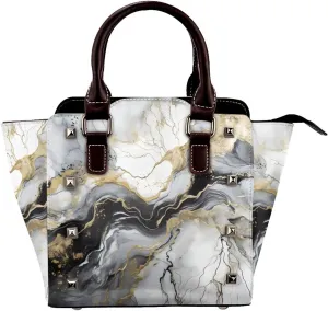 Leather Shoulder Bag for Women, Gray Abstract Marble Studded Purse Marble Texture Crossbody Handbags Punk Hobo Bag with Adjustable Strap