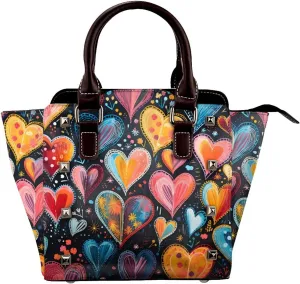 Leather Shoulder Bag for Women, Heart Flower Studded Purse Colorful Love Leaves Crossbody Handbags Punk Hobo Bag with Adjustable Strap