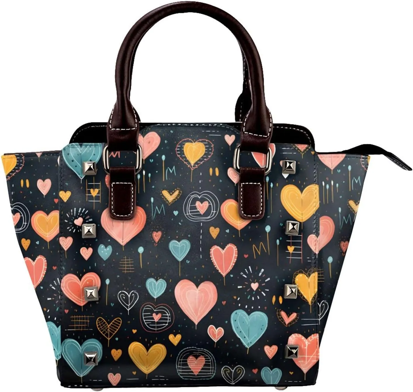 Leather Shoulder Bag for Women, Heart Pattern Studded Purse Romantic Love Crossbody Handbags Punk Hobo Bag with Adjustable Strap