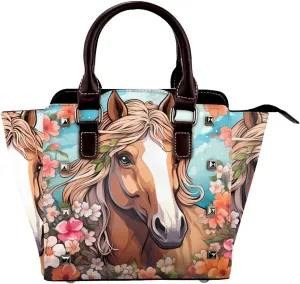 Leather Shoulder Bag for Women, Horse Fairytale Studded Purse Colorful Flowers Crossbody Handbags Punk Hobo Bag with Adjustable Strap