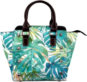 Leather Shoulder Bag for Women, Jungle Leaves Studded Purse Tropical Crossbody Handbags Punk Hobo Bag with Adjustable Strap