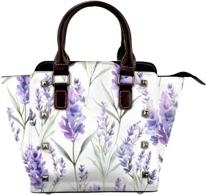 Leather Shoulder Bag for Women, Lavender Flower Studded Purse Purple Floral Crossbody Handbags Punk Hobo Bag with Adjustable Strap