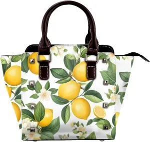 Leather Shoulder Bag for Women, Lemon Floral Leaves Studded Purse Fruit Crossbody Handbags Punk Hobo Bag with Adjustable Strap
