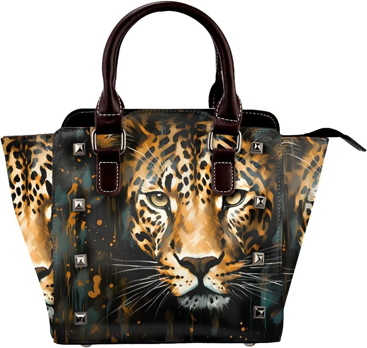 Leather Shoulder Bag for Women, Leopard Animal Studded Purse Wildlife Cheetah Crossbody Handbags Punk Hobo Bag with Adjustable Strap