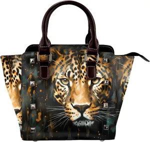 Leather Shoulder Bag for Women, Leopard Animal Studded Purse Wildlife Cheetah Crossbody Handbags Punk Hobo Bag with Adjustable Strap