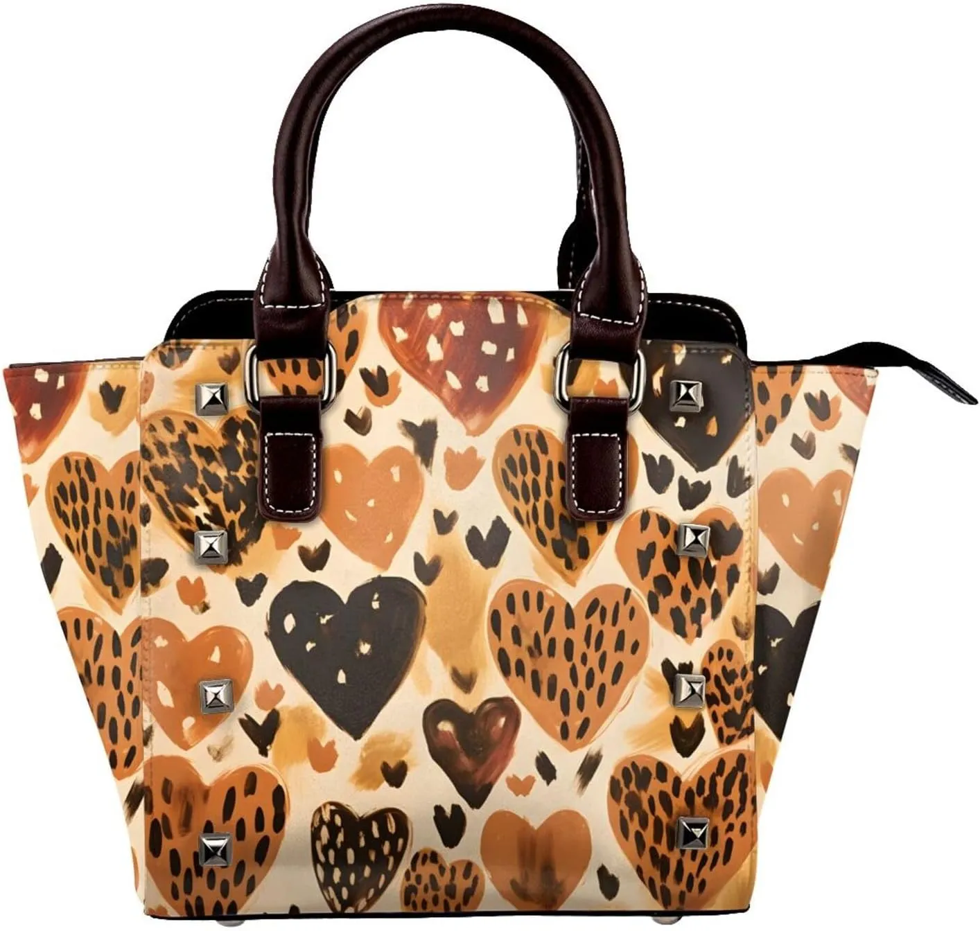 Leather Shoulder Bag for Women, Leopard Print Pattern Studded Purse Cheetah Print Heart Crossbody Handbags Punk Hobo Bag with Adjustable Strap