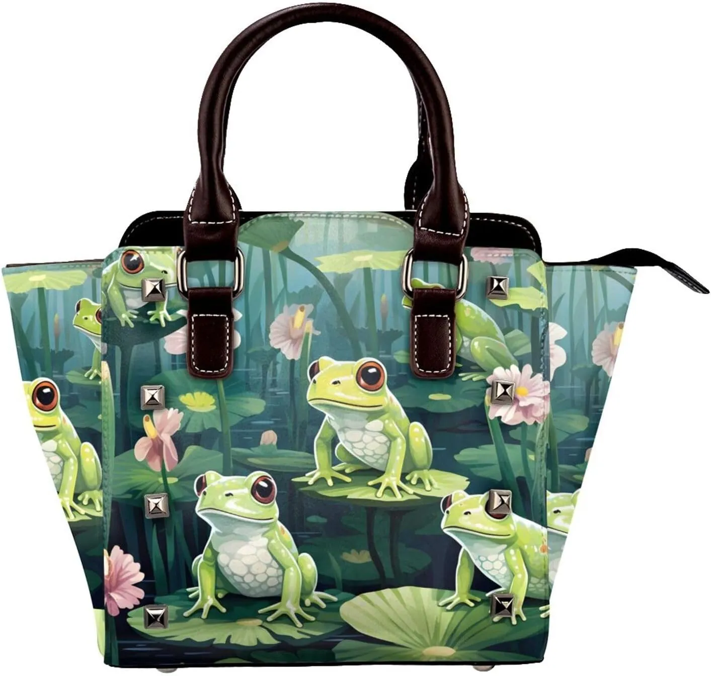 Leather Shoulder Bag for Women, Lotus Frog Studded Purse Summer Animal Flower Crossbody Handbags Punk Hobo Bag with Adjustable Strap