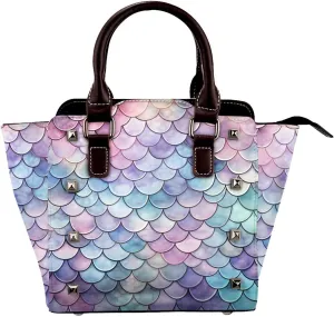 Leather Shoulder Bag for Women, Marble Fish Scale Studded Purse Mermaid Tail Crossbody Handbags Punk Hobo Bag with Adjustable Strap