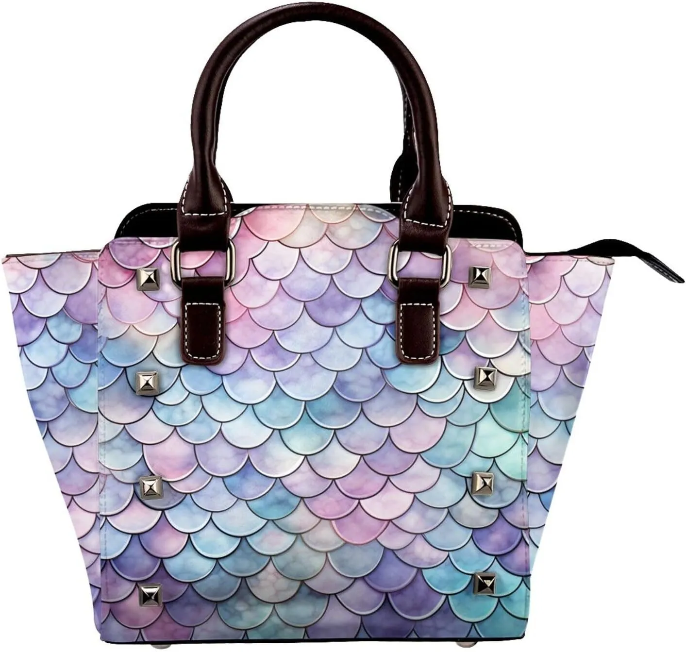 Leather Shoulder Bag for Women, Marble Fish Scale Studded Purse Mermaid Tail Crossbody Handbags Punk Hobo Bag with Adjustable Strap