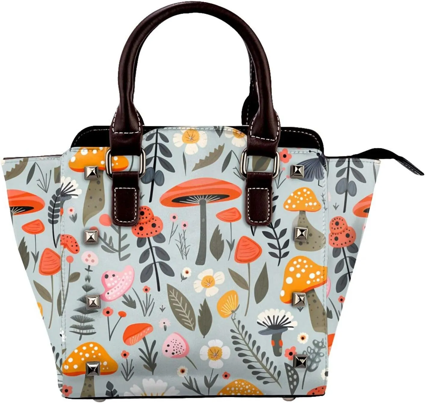 Leather Shoulder Bag for Women, Mushrooms Snails Leaves Studded Purse Floral Flower Crossbody Handbags Punk Hobo Bag with Adjustable Strap
