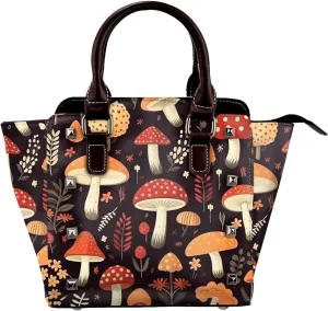 Leather Shoulder Bag for Women, Mushrooms Studded Purse Autumn Mushroom Leaves Crossbody Handbags Punk Hobo Bag with Adjustable Strap