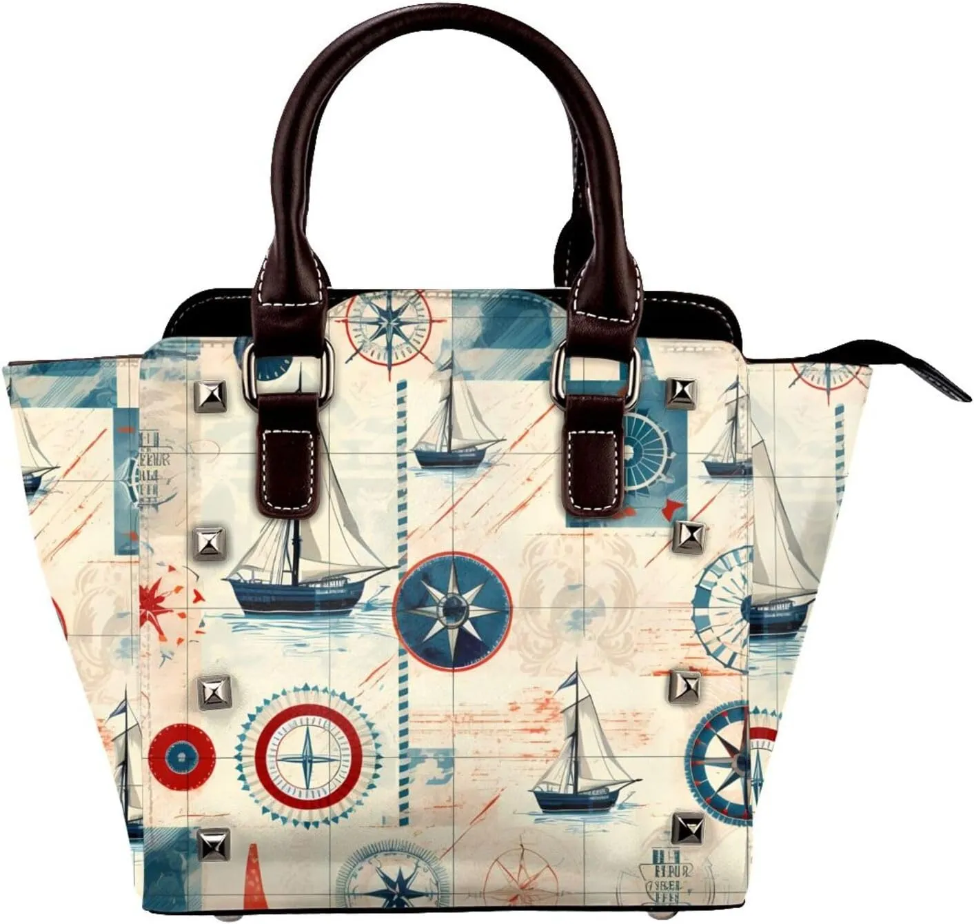 Leather Shoulder Bag for Women, Nautical Marine Sailing Studded Purse Vintage Compass Crossbody Handbags Punk Hobo Bag with Adjustable Strap
