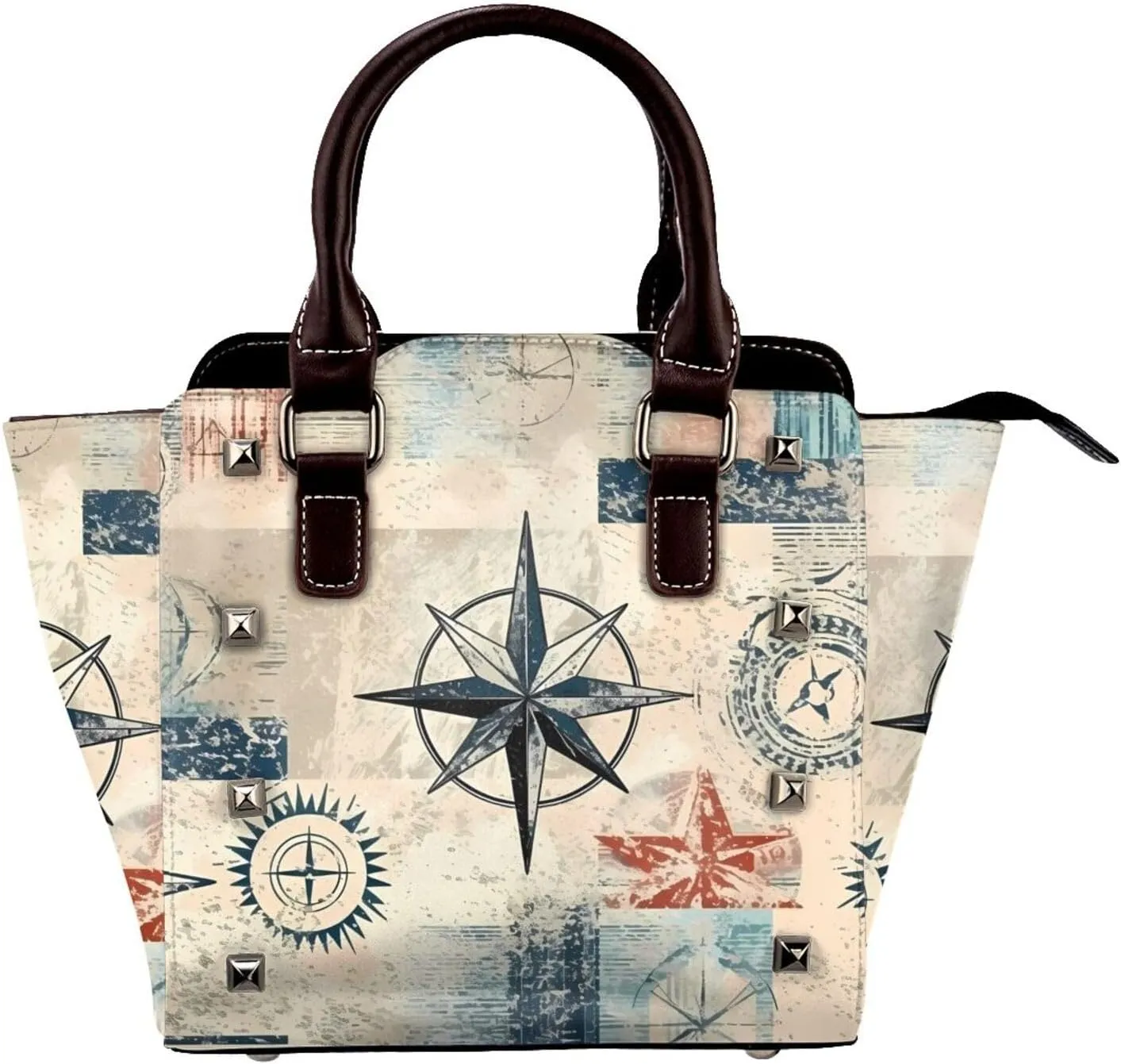 Leather Shoulder Bag for Women, Ocean Sailboat Studded Purse Vintage Compass Crossbody Handbags Punk Hobo Bag with Adjustable Strap