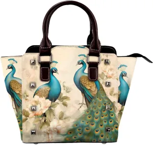 Leather Shoulder Bag for Women, Peacock Flower Studded Purse Vintage Floral Crossbody Handbags Punk Hobo Bag with Adjustable Strap