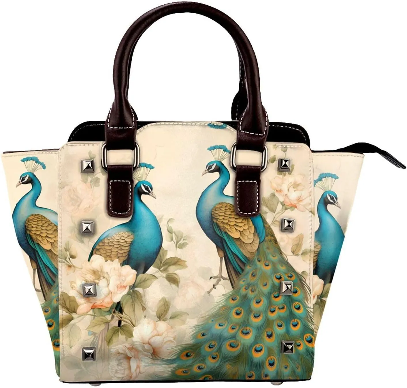 Leather Shoulder Bag for Women, Peacock Flower Studded Purse Vintage Floral Crossbody Handbags Punk Hobo Bag with Adjustable Strap