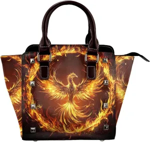 Leather Shoulder Bag for Women, Phoenix Rising Studded Purse Fire Bird Crossbody Handbags Punk Hobo Bag with Adjustable Strap