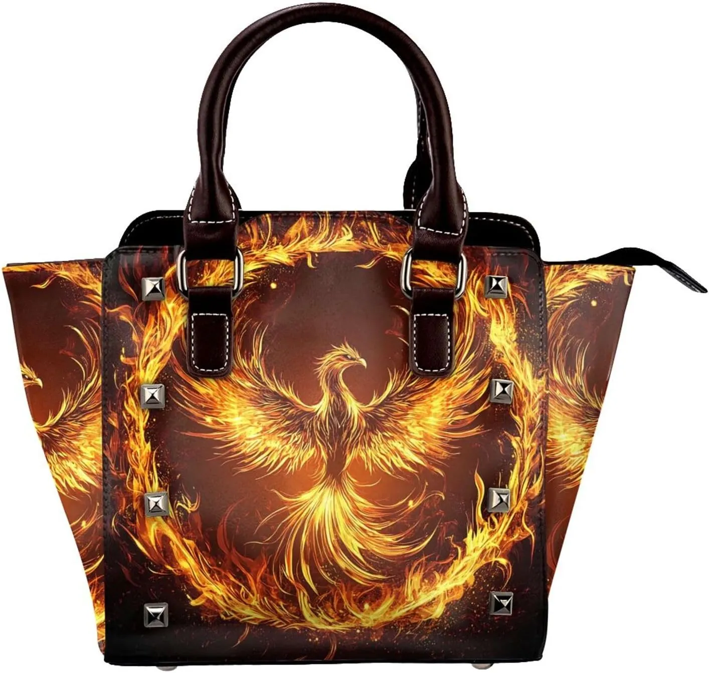Leather Shoulder Bag for Women, Phoenix Rising Studded Purse Fire Bird Crossbody Handbags Punk Hobo Bag with Adjustable Strap