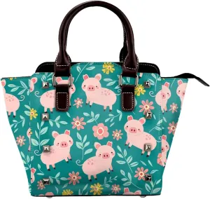 Leather Shoulder Bag for Women, Piggy Flower Studded Purse Cute Crossbody Handbags Punk Hobo Bag with Adjustable Strap