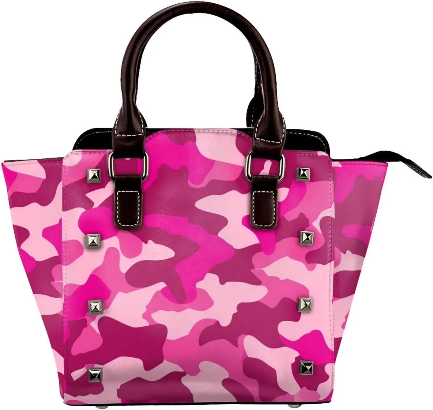 Leather Shoulder Bag for Women, Pink Camo Studded Purse Camouflage Crossbody Handbags Punk Hobo Bag with Adjustable Strap