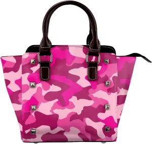 Leather Shoulder Bag for Women, Pink Camo Studded Purse Camouflage Crossbody Handbags Punk Hobo Bag with Adjustable Strap