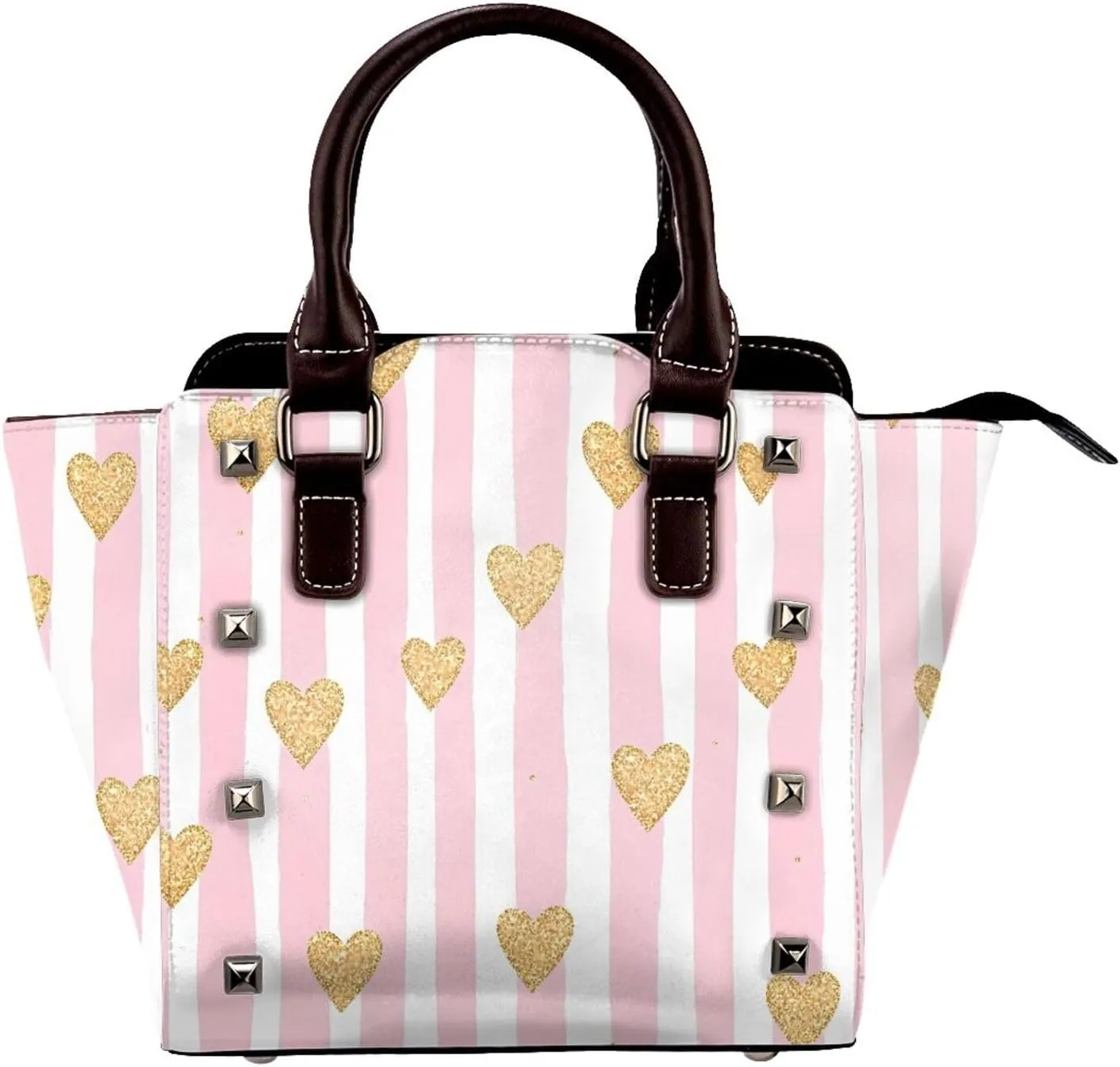 Leather Shoulder Bag for Women, Pink Stripes Studded Purse Galaxy Heart Crossbody Handbags Punk Hobo Bag with Adjustable Strap
