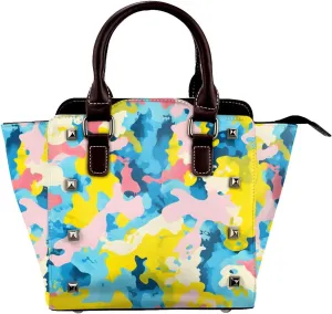 Leather Shoulder Bag for Women, Pink Yellow Camouflage Studded Purse Blue Camo Crossbody Handbags Punk Hobo Bag with Adjustable Strap