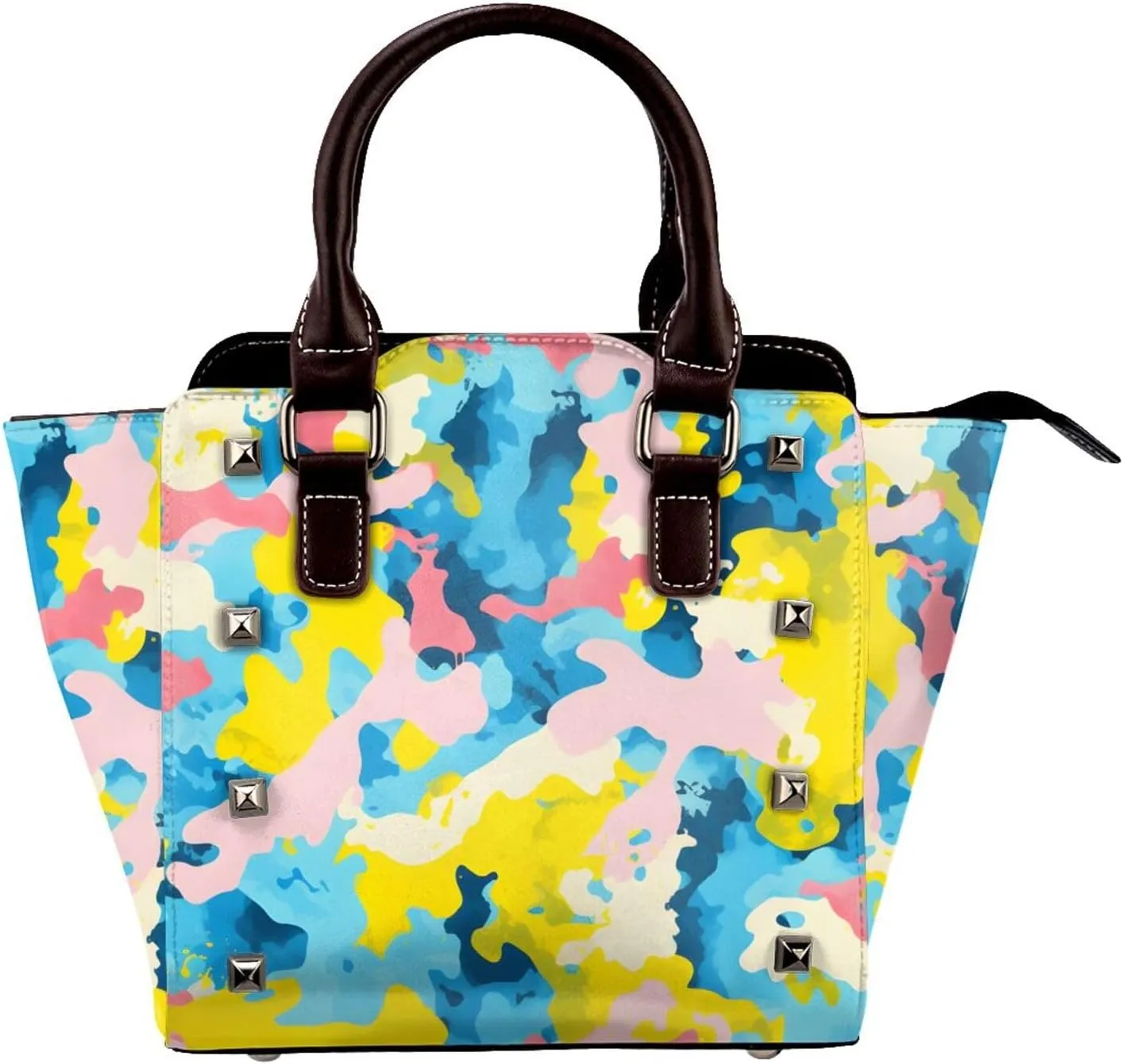 Leather Shoulder Bag for Women, Pink Yellow Camouflage Studded Purse Blue Camo Crossbody Handbags Punk Hobo Bag with Adjustable Strap