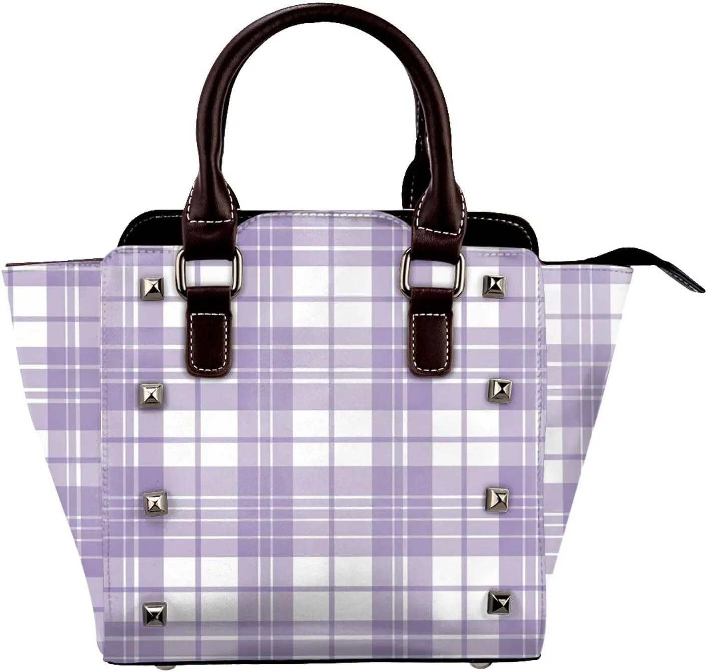 Leather Shoulder Bag for Women, Purple Plaid Studded Purse Check Crossbody Handbags Punk Hobo Bag with Adjustable Strap