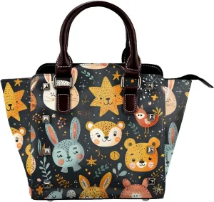 Leather Shoulder Bag for Women, Rabbit Bear Studded Purse Forest Animal Crossbody Handbags Punk Hobo Bag with Adjustable Strap