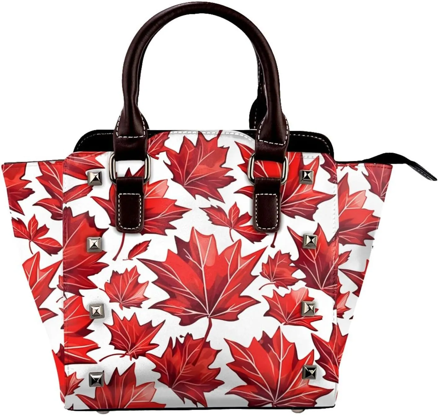 Leather Shoulder Bag for Women, Red Fall Maple Leaf Studded Purse Autumn Crossbody Handbags Punk Hobo Bag with Adjustable Strap