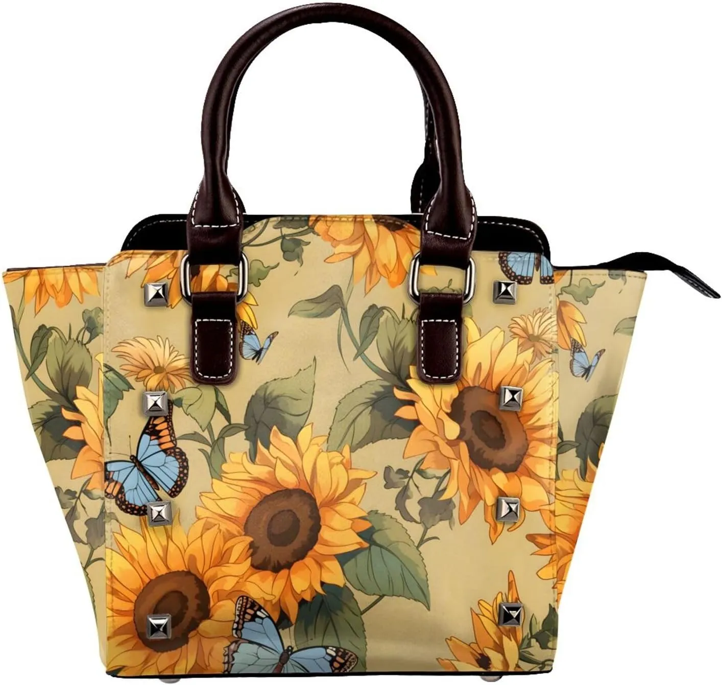 Leather Shoulder Bag for Women, Retro Sunflower Butterfly Studded Purse Vintage Floral Crossbody Handbags Punk Hobo Bag with Adjustable Strap