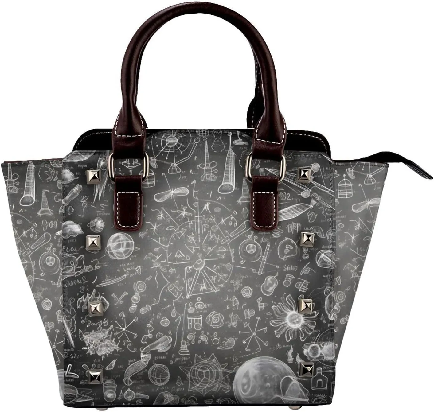 Leather Shoulder Bag for Women, Science Studded Purse Math Calculation Study Crossbody Handbags Punk Hobo Bag with Adjustable Strap